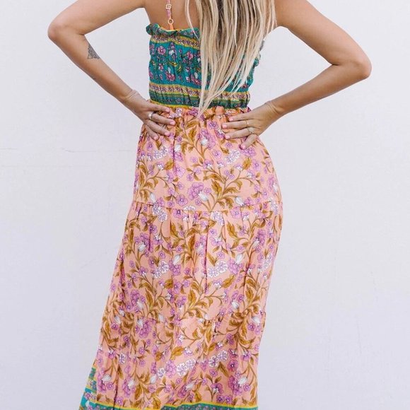 Pre-Order Orange Boho Floral Print Sleeveless Tiered Maxi Dress